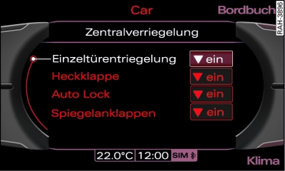 Display: Menü Zentralverriegelung